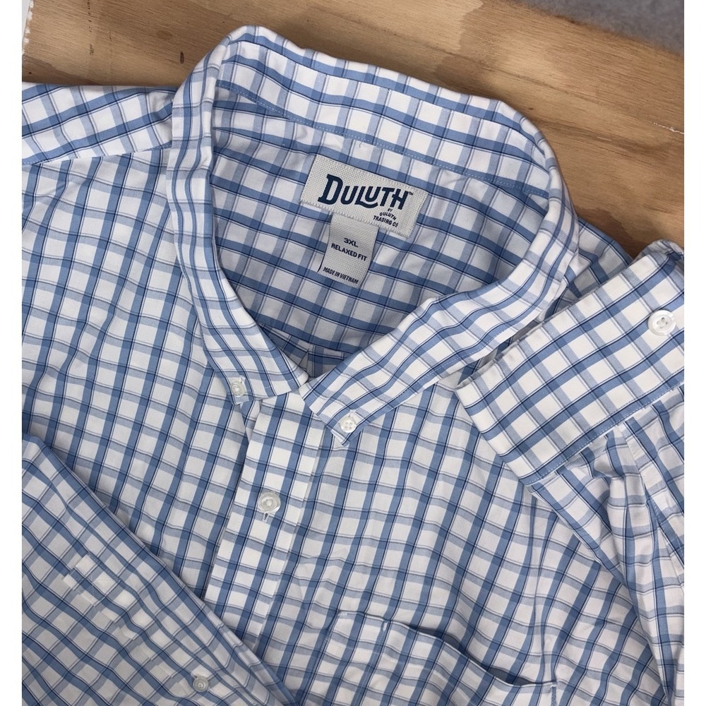 Duluth‎ Mens 3XL Blue White Plaid Wrinkle Fighter Button Down Long Sleeve Work